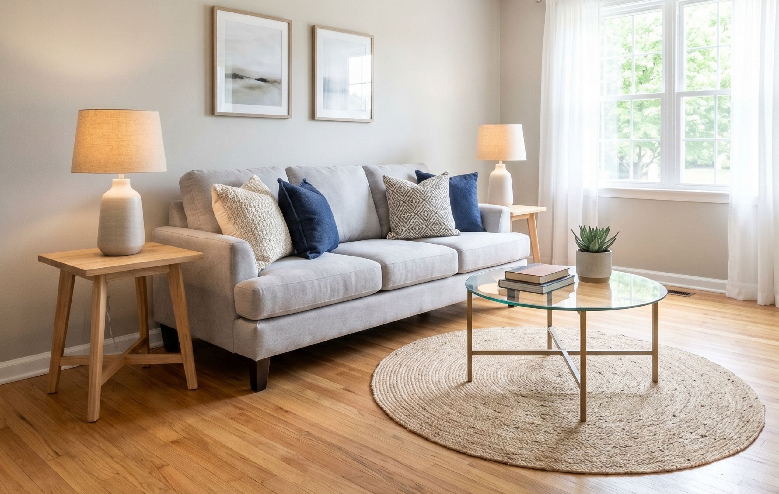 Arlington - 1 A beautifully staged living room with a cozy sofa and elegant decor.