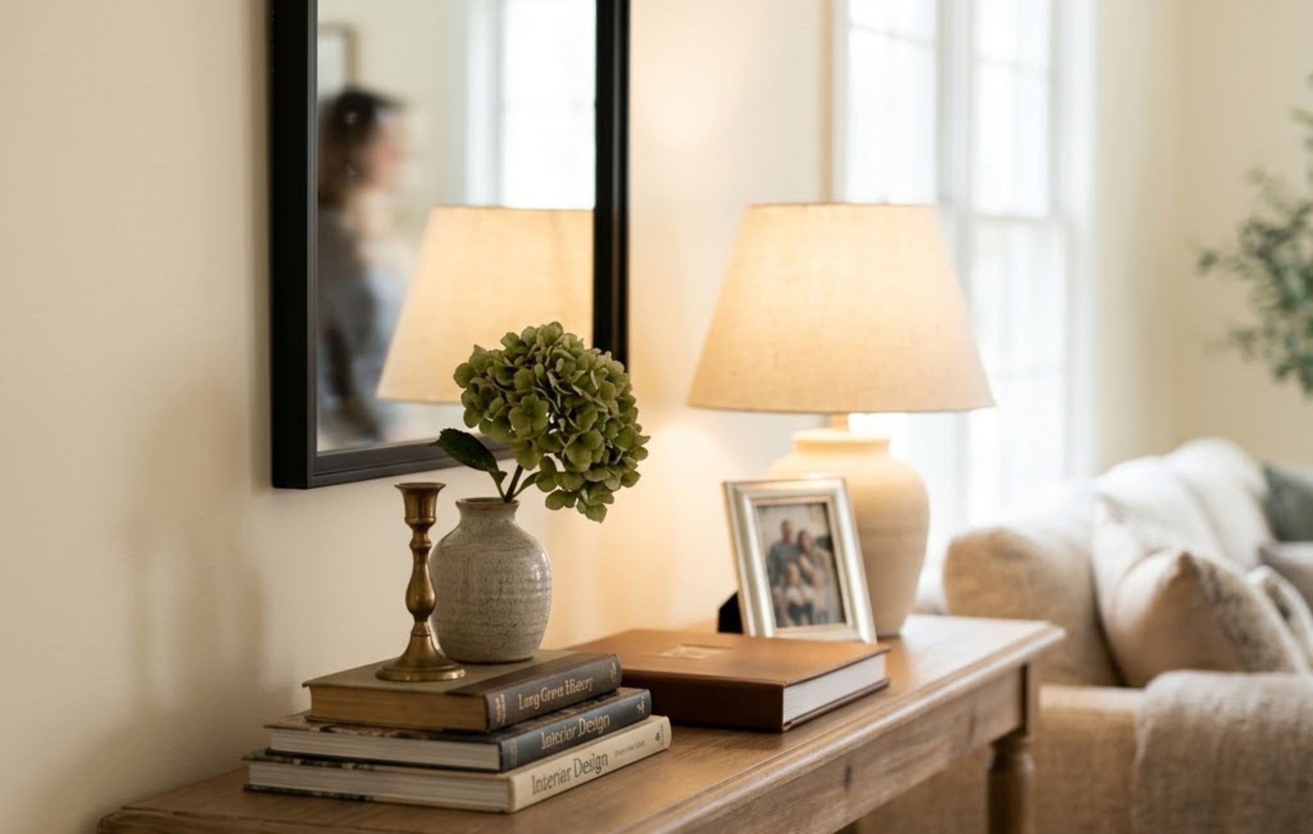 Modern dining room featuring a dark wood dining table with plush white bouclé chairs, a beaded chandelier, and an open view into the adjacent kitchen.